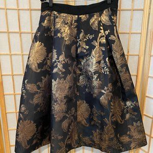 White House Black Market black & gold brocade print full midi skirt, size 14.